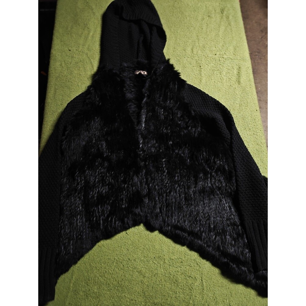 BaROK HOODED  Cardigan SWEATER SIZE S Medium Black Rabbit FUR Outwear Eye & Hook